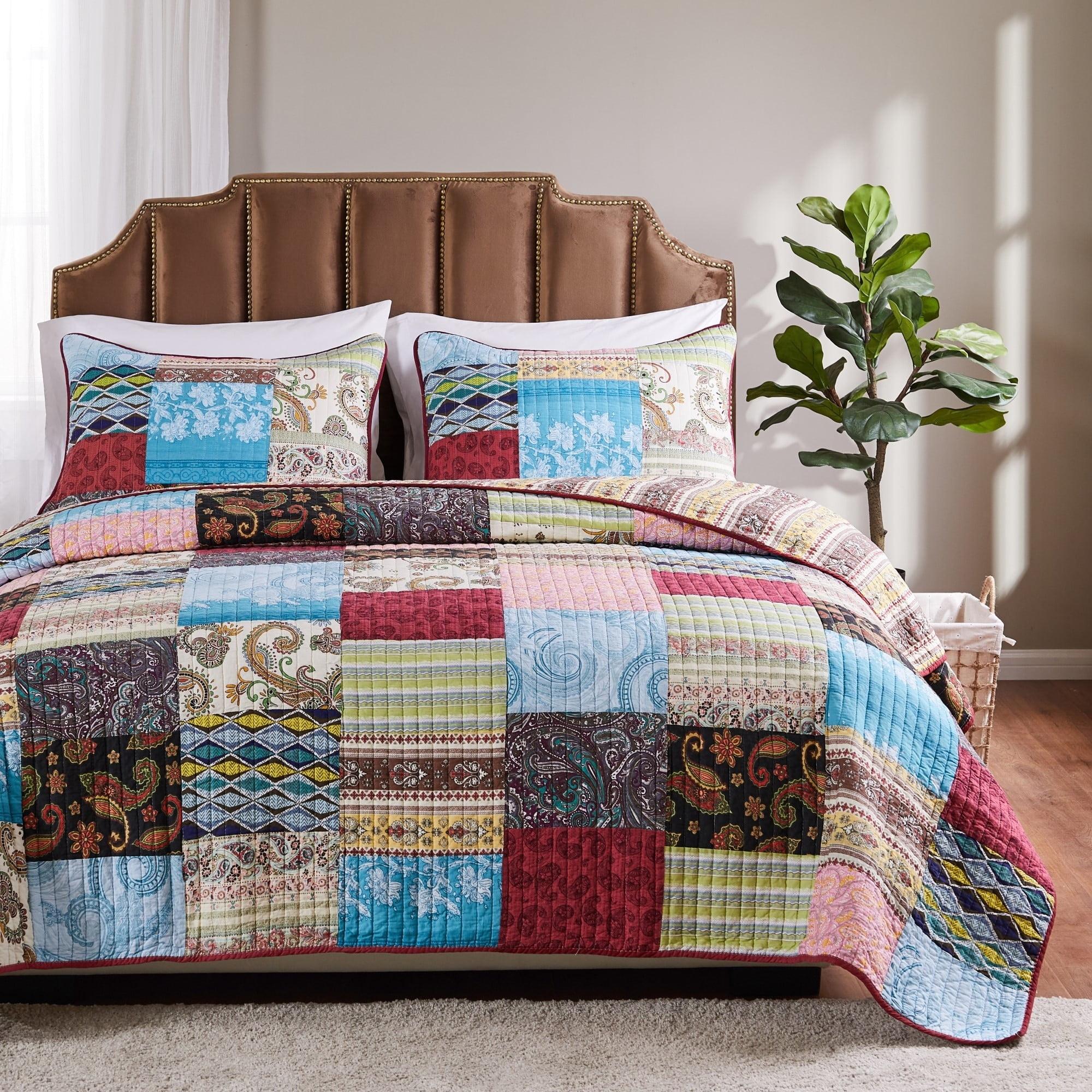 King Multicolor Cotton Reversible Patchwork Quilt Set