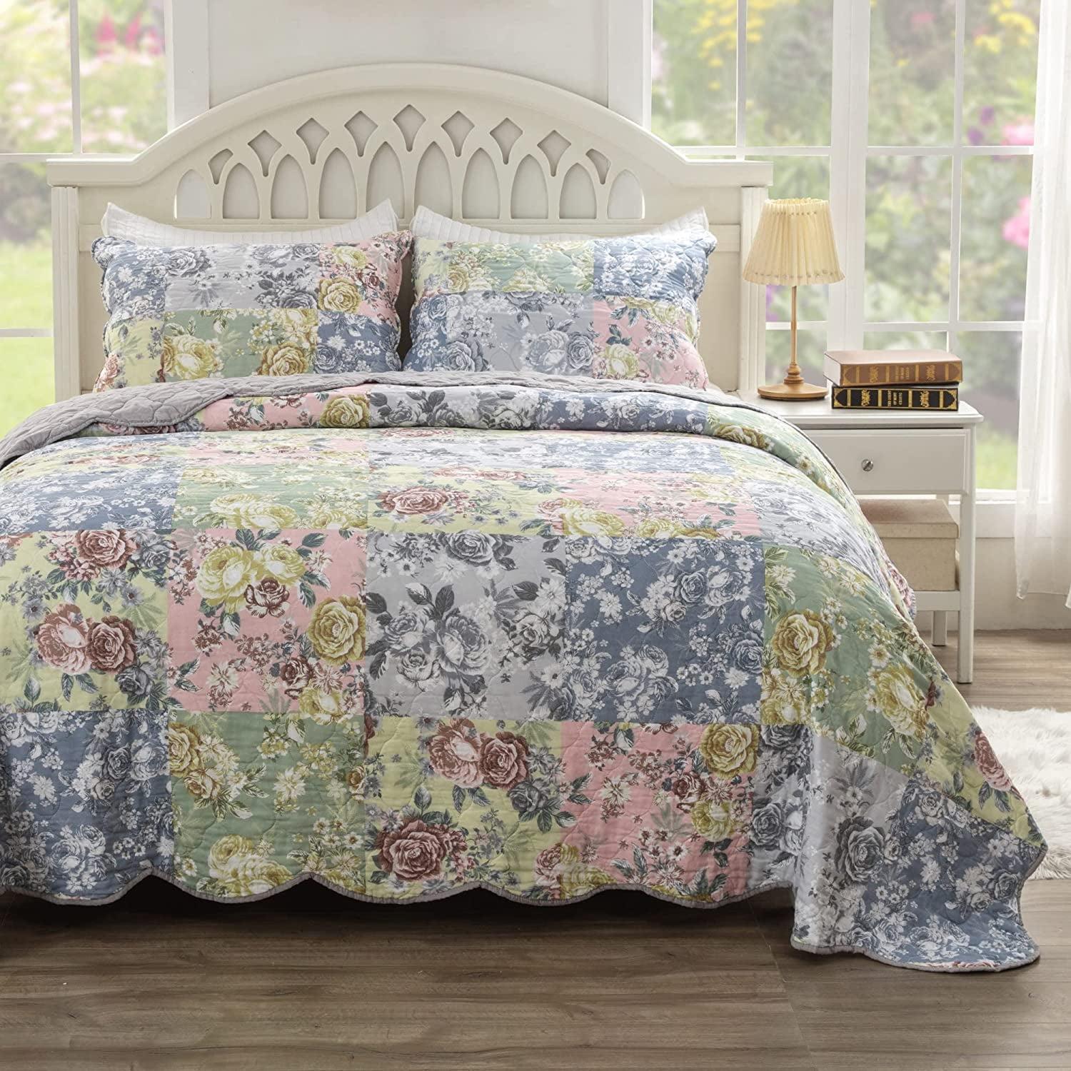 Gray Floral Patchwork Cotton Full Quilt Set