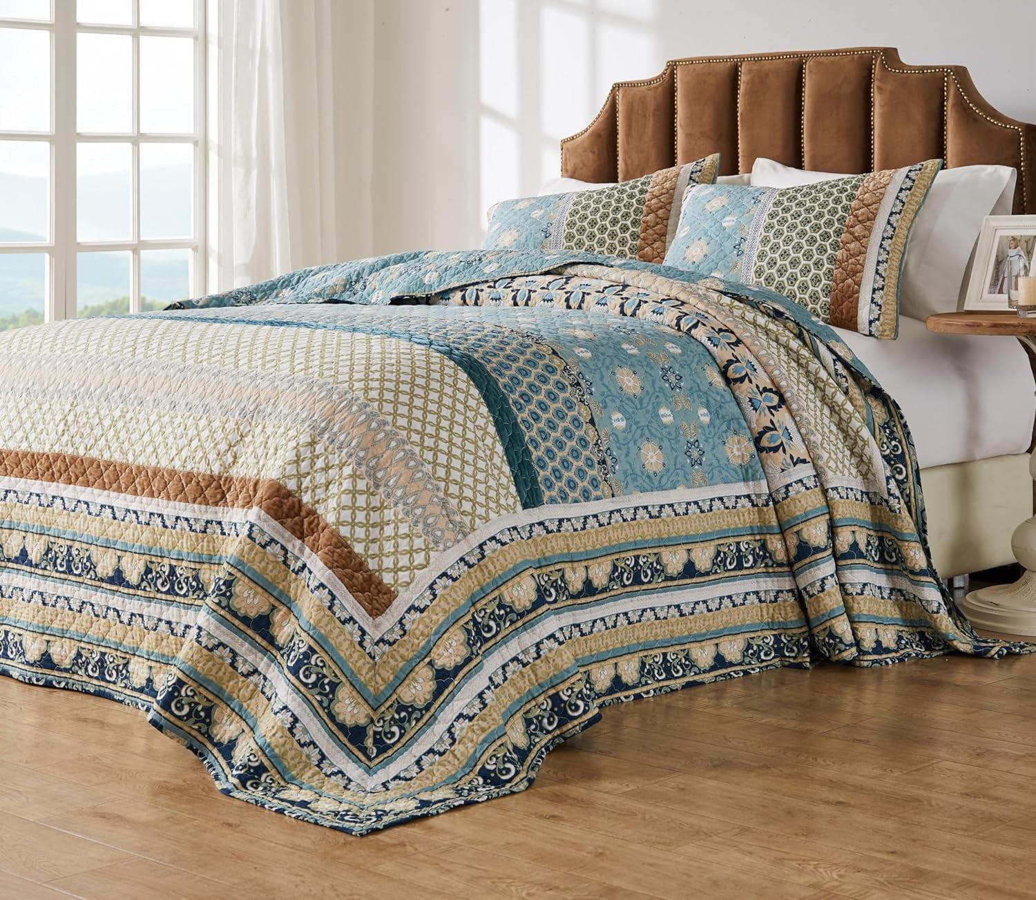 Thalia Blue and Brown Cotton King Reversible Bedspread Set