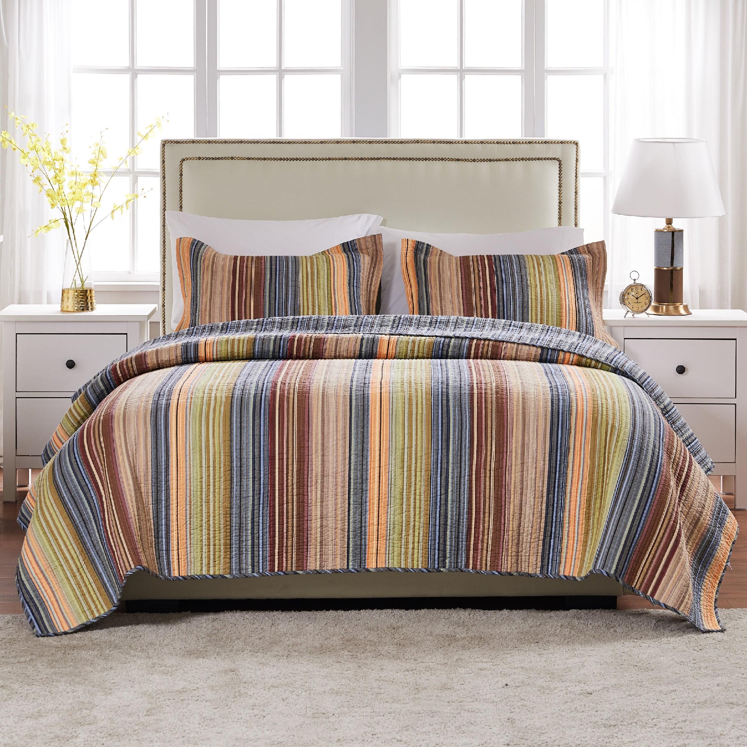 Blue Striped Cotton Twin Reversible Quilt Set