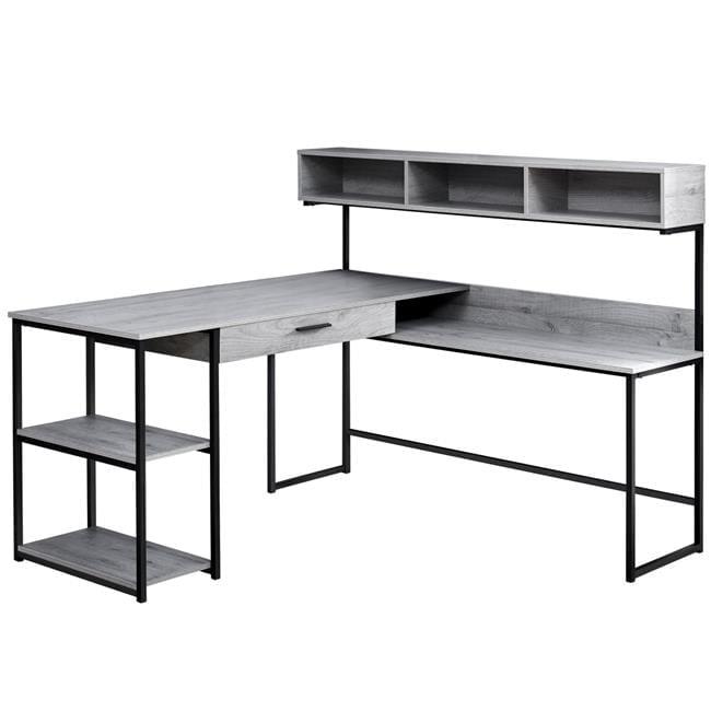 Computer Desk - L-Shaped / Corner / Hutch / 1 Drawer / 2 Shelves / 4 Cubbies / Metal Base - 59"L X 59"W - Grey Wood-Look / Black