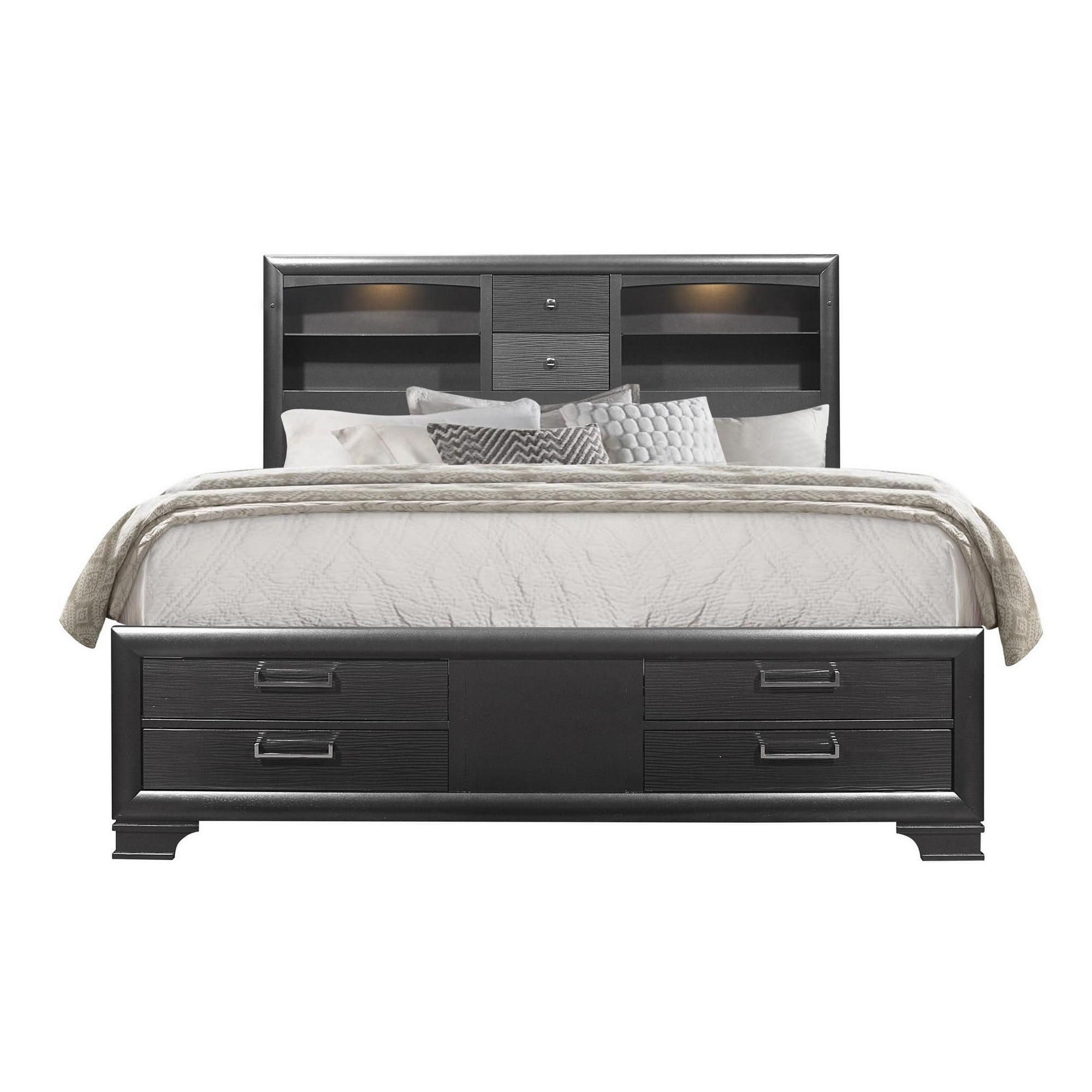 Gray Rubberwood Full Bed with Lighted Bookcase Headboard and Storage Drawers