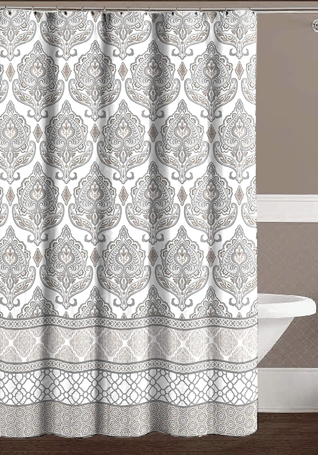 Grey Taupe White Fabric Shower Curtain: Floral Damask with Geometric Border Design (Darian) New Without Packaging 70" x 72" inches.