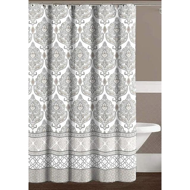 Grey Taupe White Fabric Shower Curtain: Floral Damask with Geometric Border Design (Darian) New Without Packaging 70" x 72" inches.
