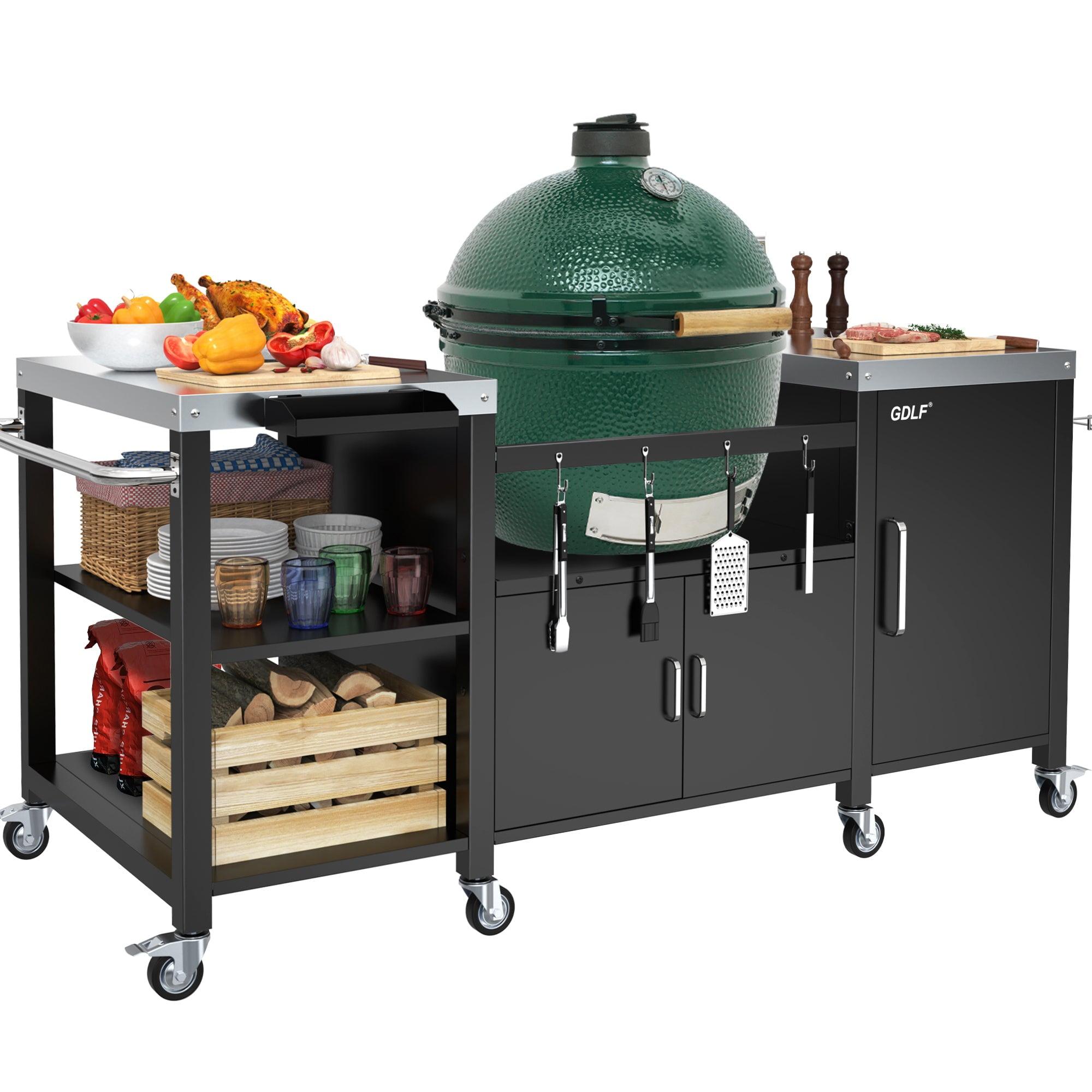 Heavy Duty Black Steel Outdoor Grill Table with Storage