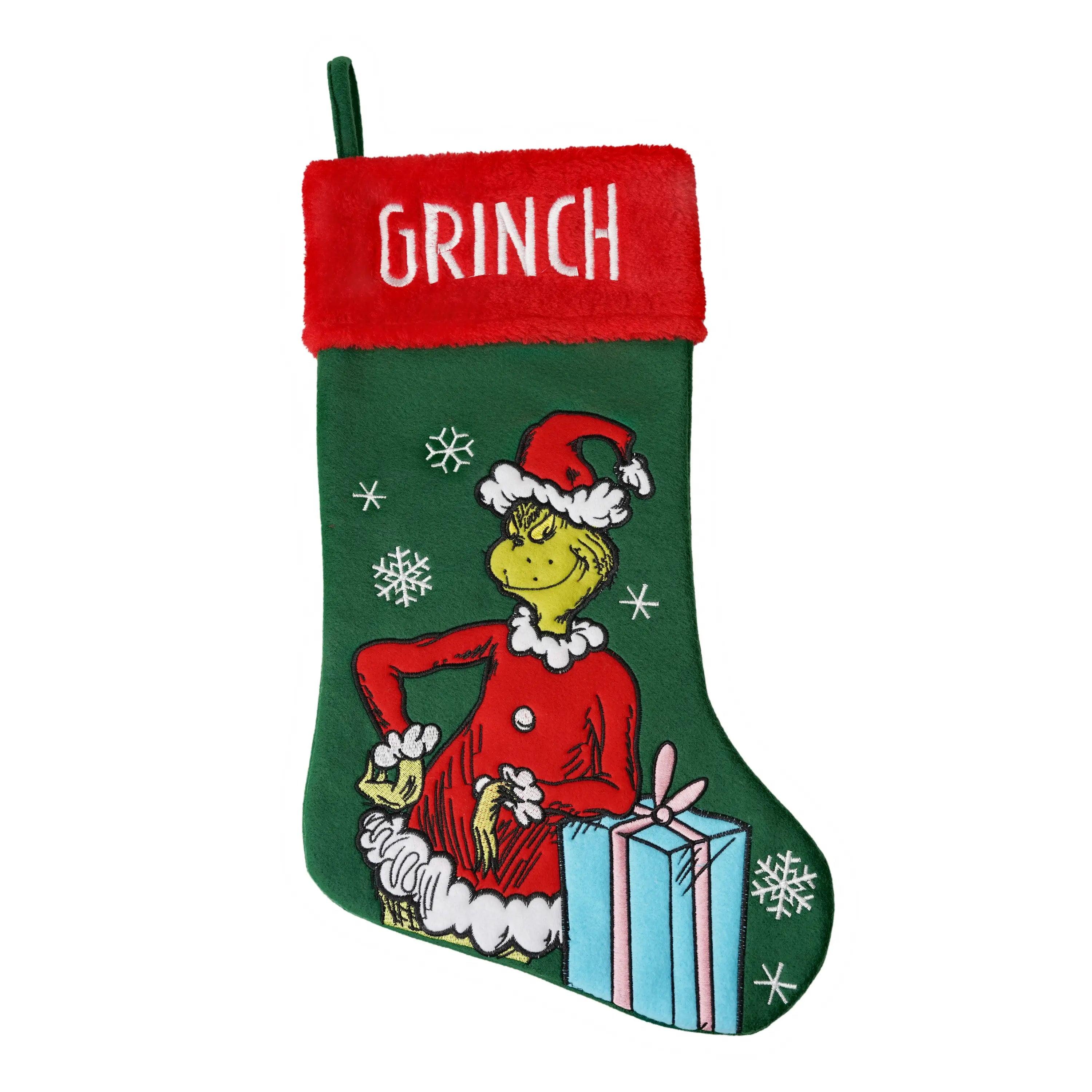 Grinch with a Present 20" Appliqué Christmas Stocking