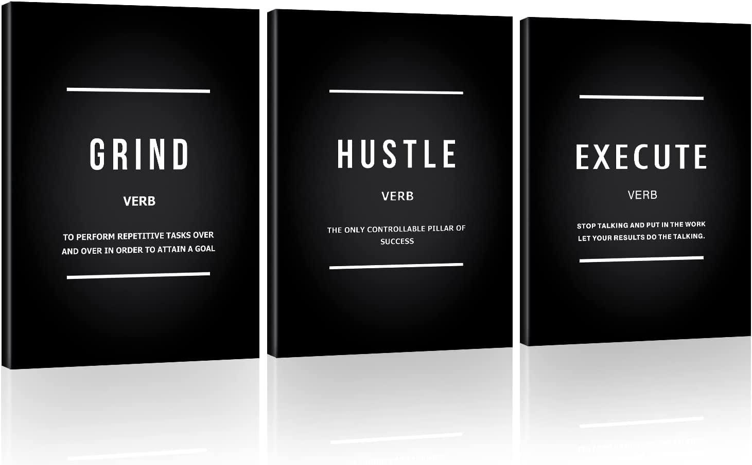 Success Quotes Wall Art, Grind Hustle Conquer Motivation Wall Poster Framed Positive Sayings Wall Hanging Inspirational Quotes for Home Office Workplace - 12x16inx3pcs