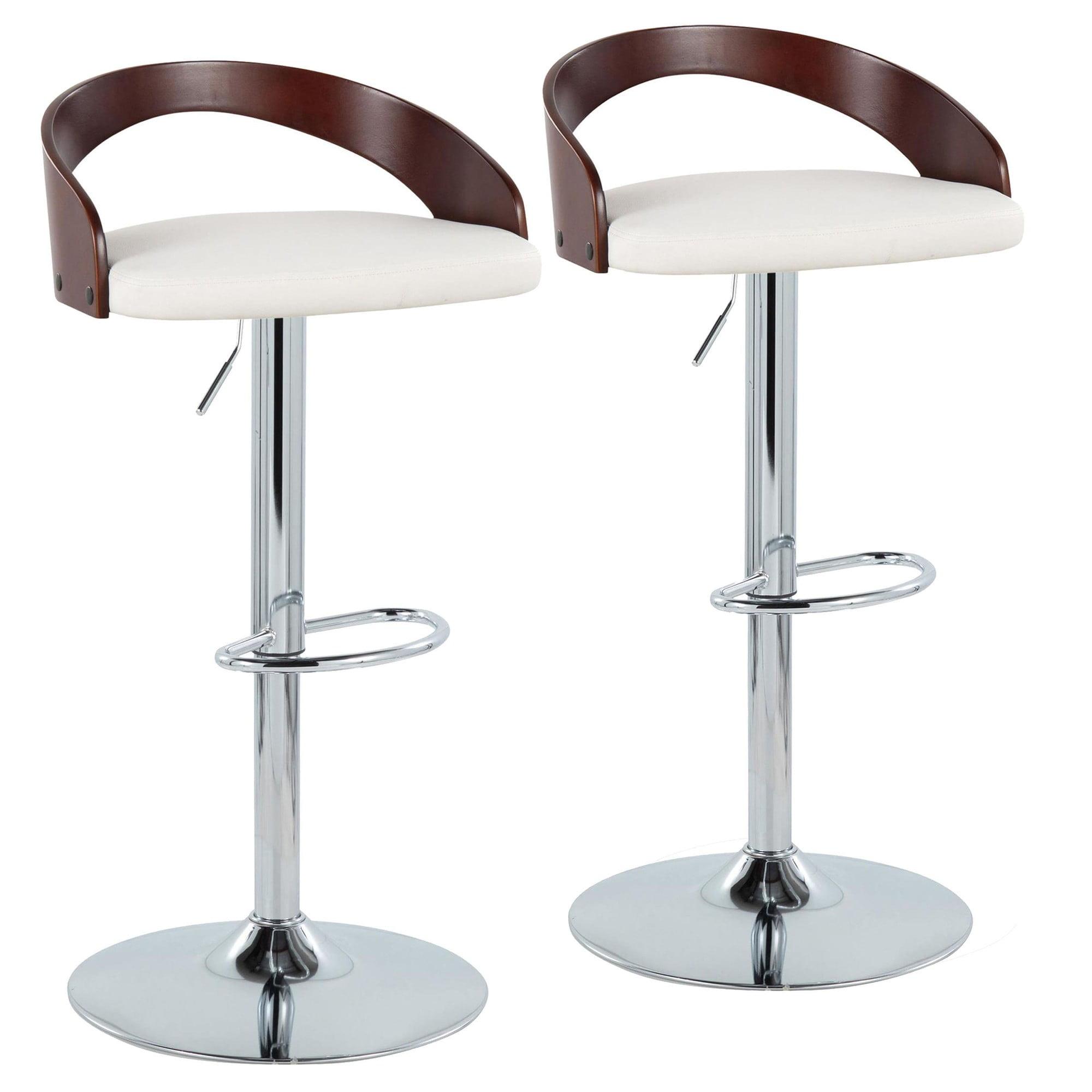 Grotto Mid-Century Modern Adjustable Height Barstool with Swivel in Chrome Metal, Cherry Wood and White Faux Leather with Oval Footrest by LumiSource - Set of 2