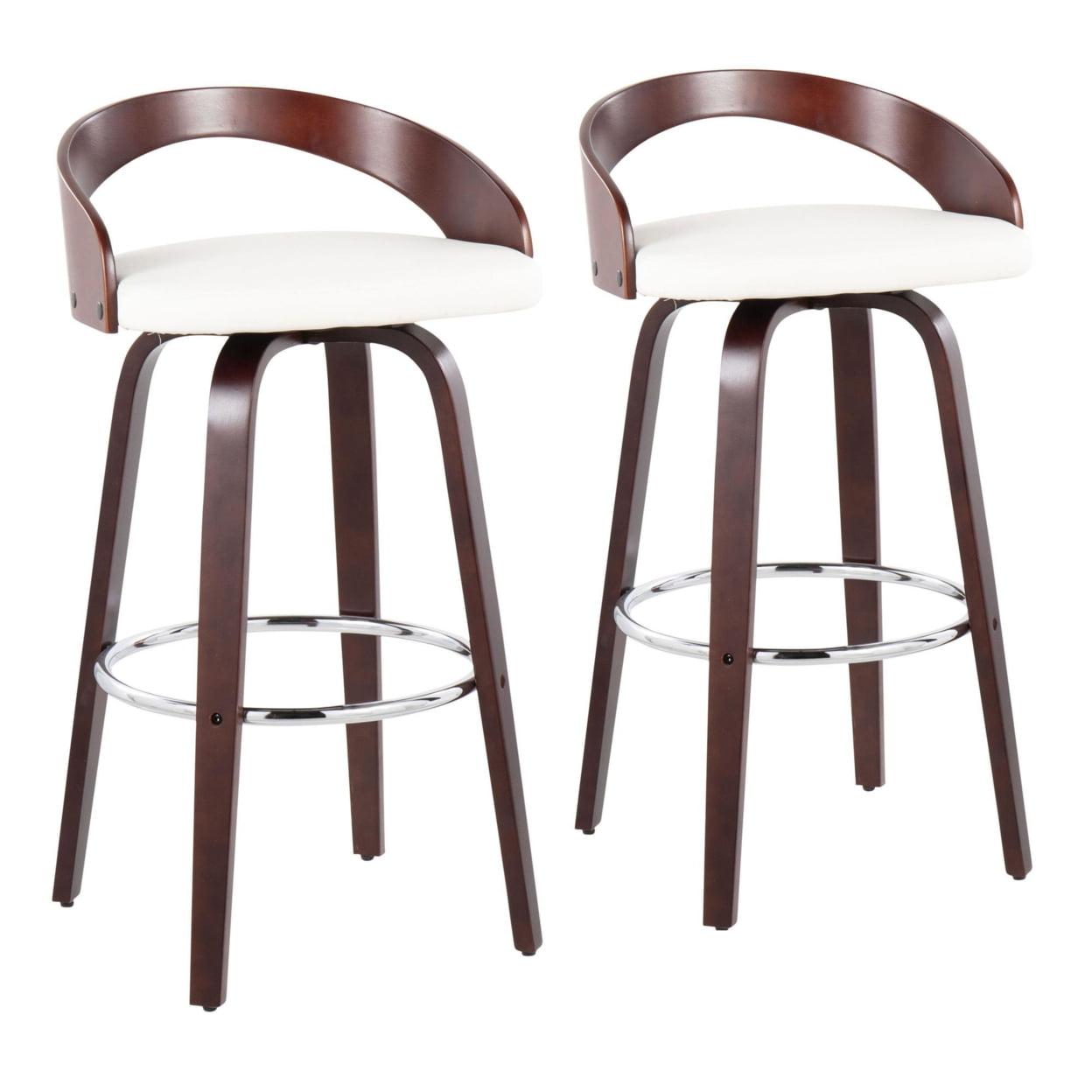 Cherry Wood and White Faux Leather Swivel Counter Stools, Set of 2