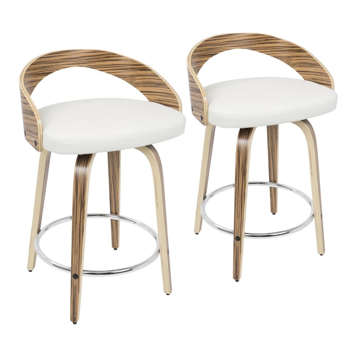 Zebra Wood and White Faux Leather Swivel Counter Stools, Set of 2