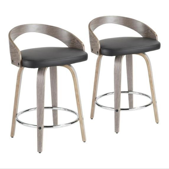 Grotto Mid-Century Modern Counter Stool with Light Grey Wood and Black Faux Leather by LumiSource - Set of 2