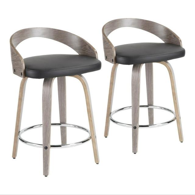 Grotto Mid-Century Modern Counter Stool with Light Grey Wood and Black Faux Leather by LumiSource - Set of 2