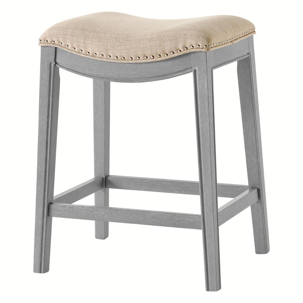 Saddle Style Beige Leather and Wood Counter Stool