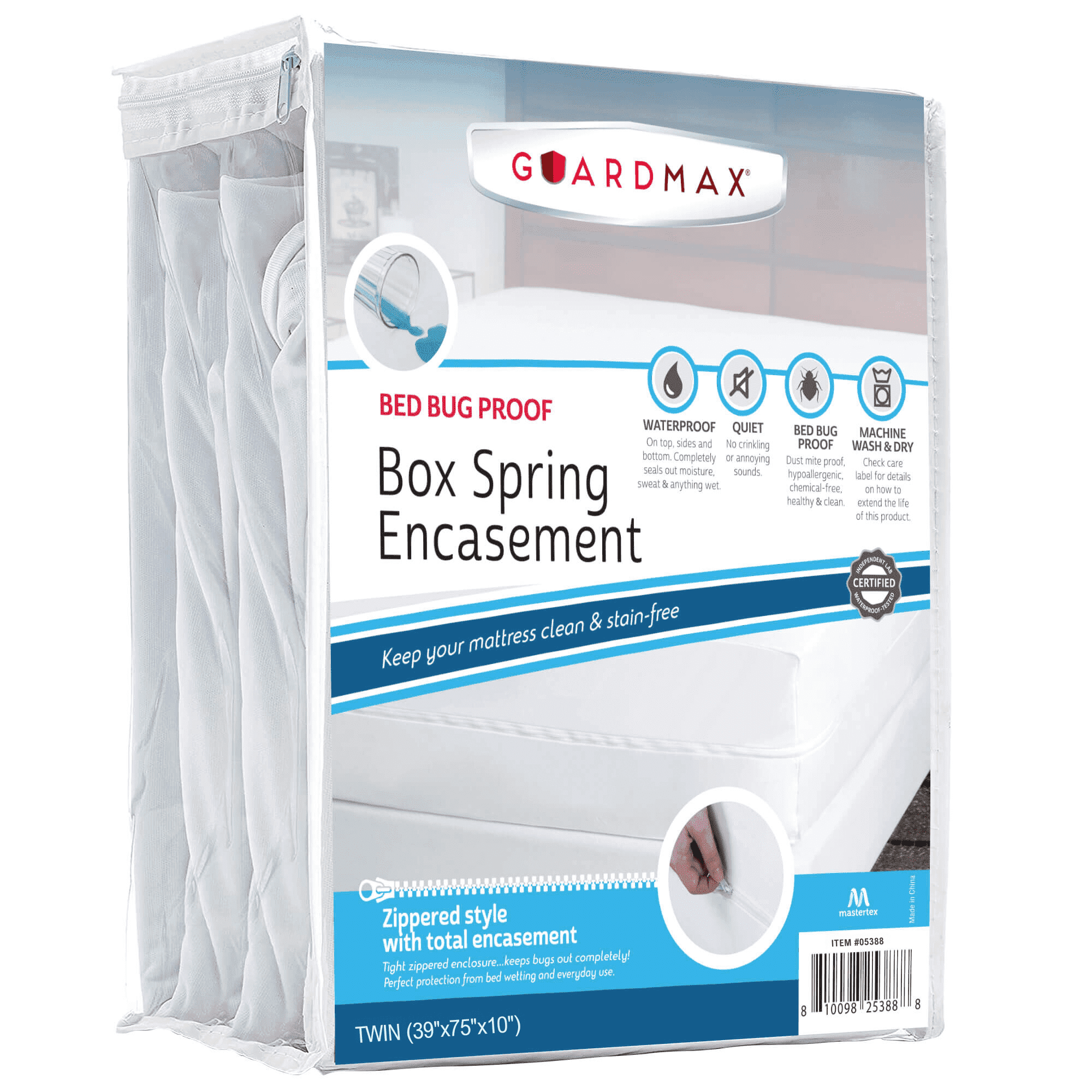 Guardmax Waterproof Twin Box Spring Encasement Protector with Zipper- White