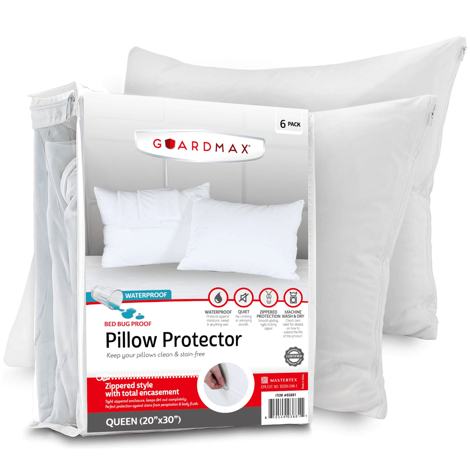 Guardmax Pillow Protector With Zipper Queen Size - (6 Pack) - Waterproof and Bed Bug Proof Pillow Covers - Pillow Cases Protect Against Allergens, Dust Mites, Bed Bugs, and Liquid Spills (20 X 30)