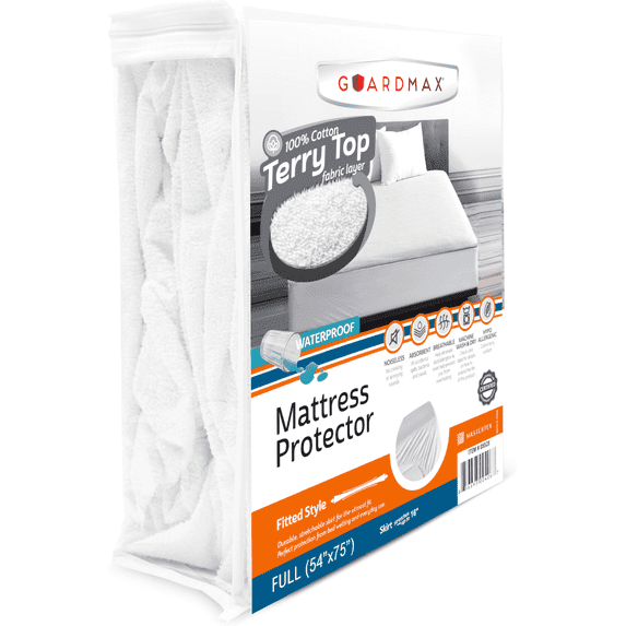 Full Mattress Protector by Guardmax: Terry Cotton, Waterproof, Soft & Comfortable Cover with 13 Inch Deep Pockets