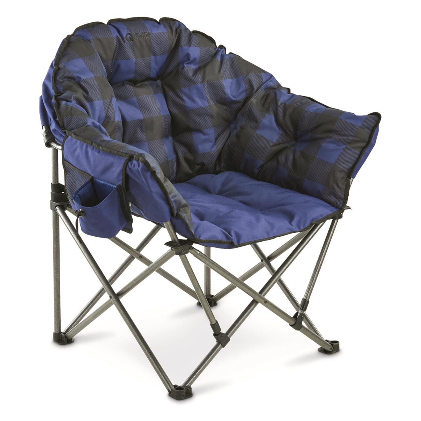 Oversized Blue Plaid Foldable Club Camp Chair with Arms