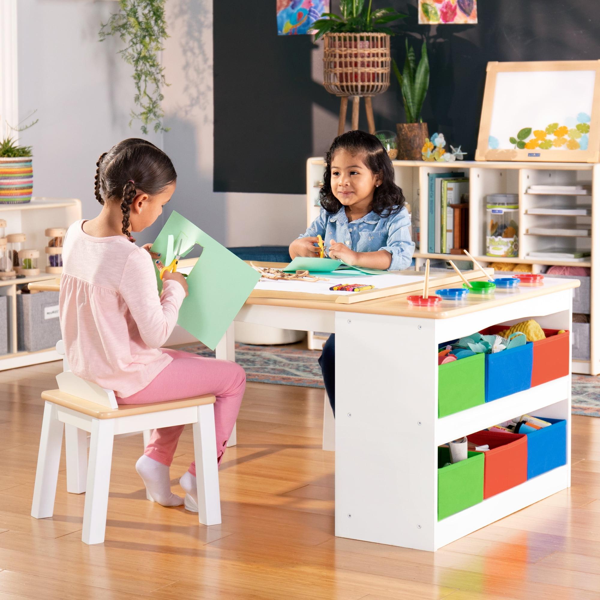 Guidecraft Arts and Crafts Center - White: Toddler Table & Craft Desk with Chairs, Storage, Paper Roller | Wooden Learning & Activity Table for Kids