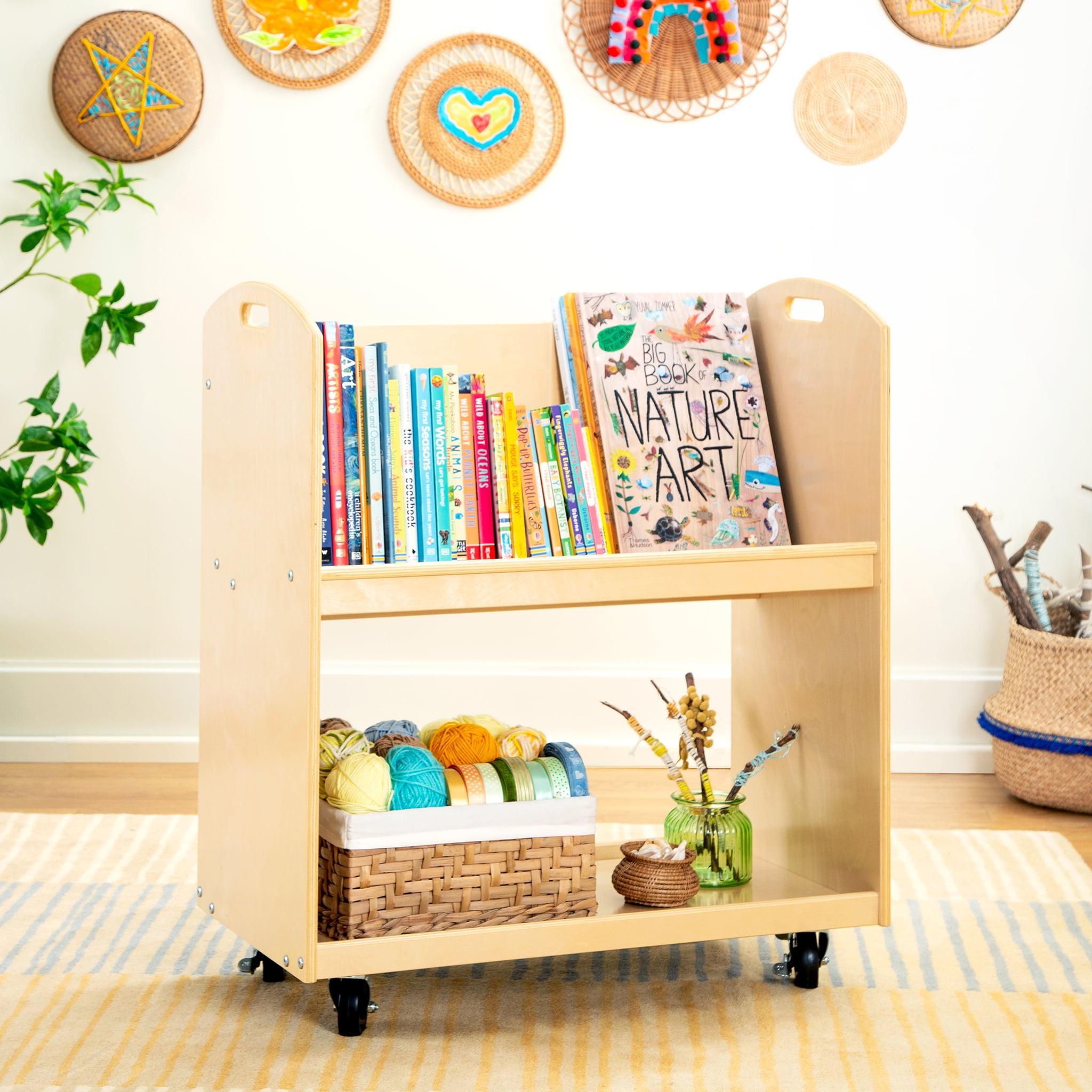 Natural Wooden Rolling Book Storage Cart with Two Shelves