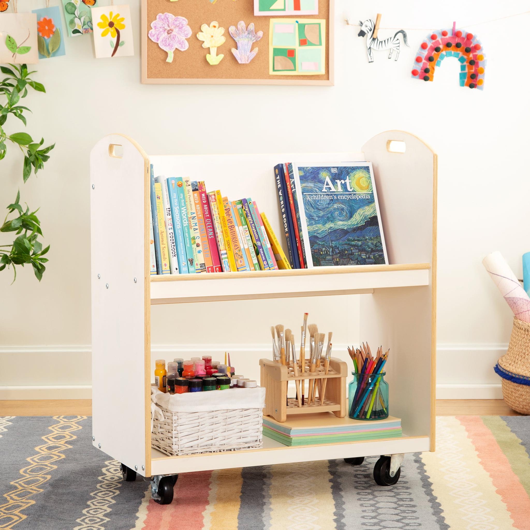 White Wooden Rolling Book Storage Cart with 2 Shelves