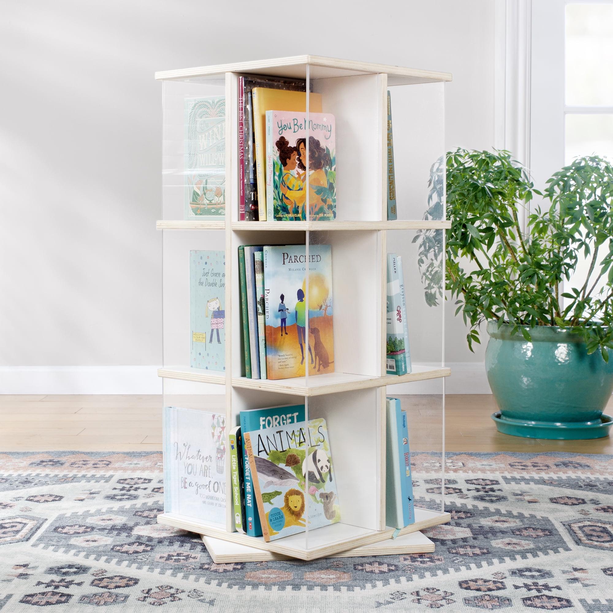 Guidecraft EdQ Rotating 3 Tier Book Display: Kids' Wooden Spinning Bookshelf with Acrylic Shelves for Storage in Classroom or Playroom