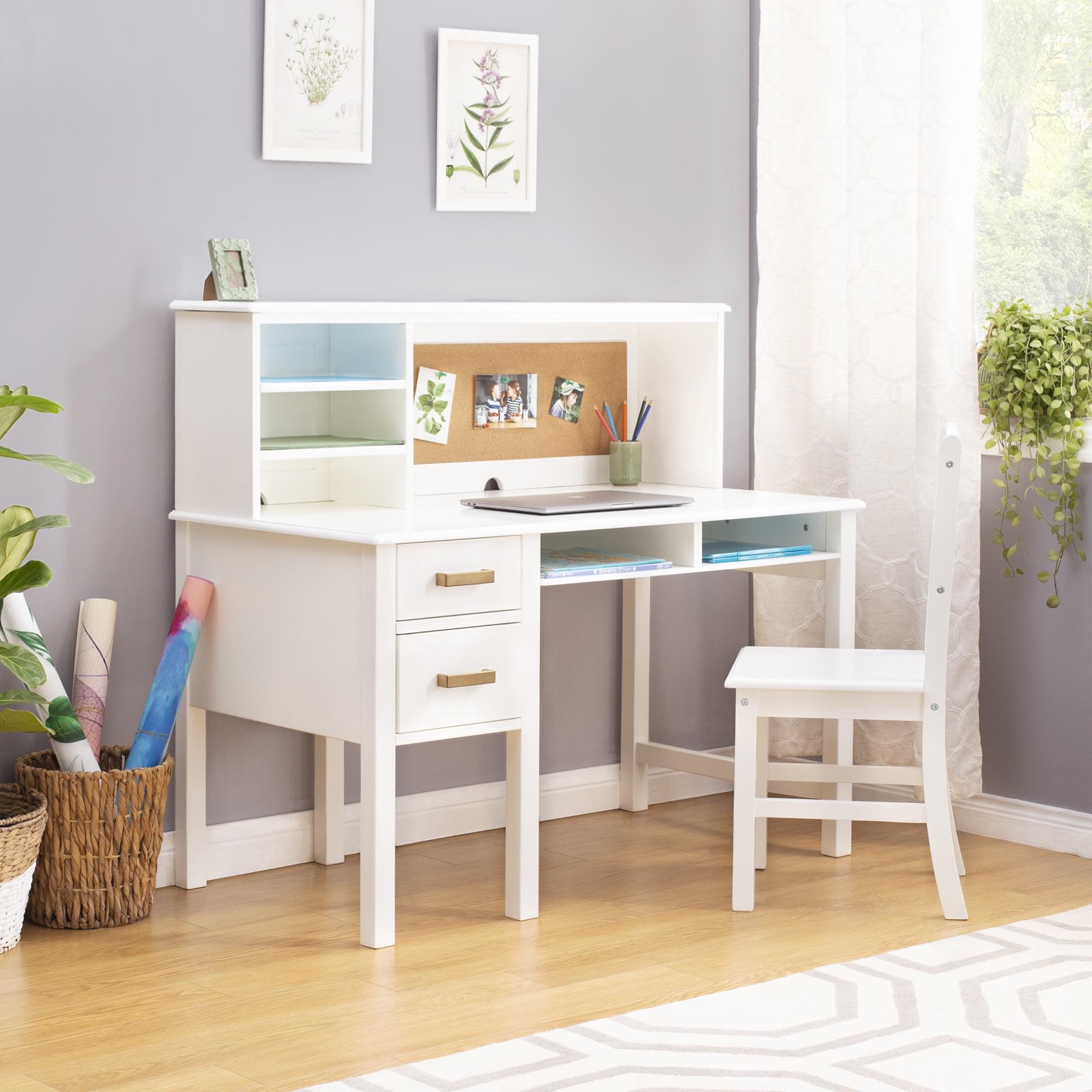 Guidecraft Taiga Kids Desk and Chair Set with Hutch - White: Kids Wood Desk with Drawers, Storage Shelf, and Corkboard | Study Table for Kids Bedroom