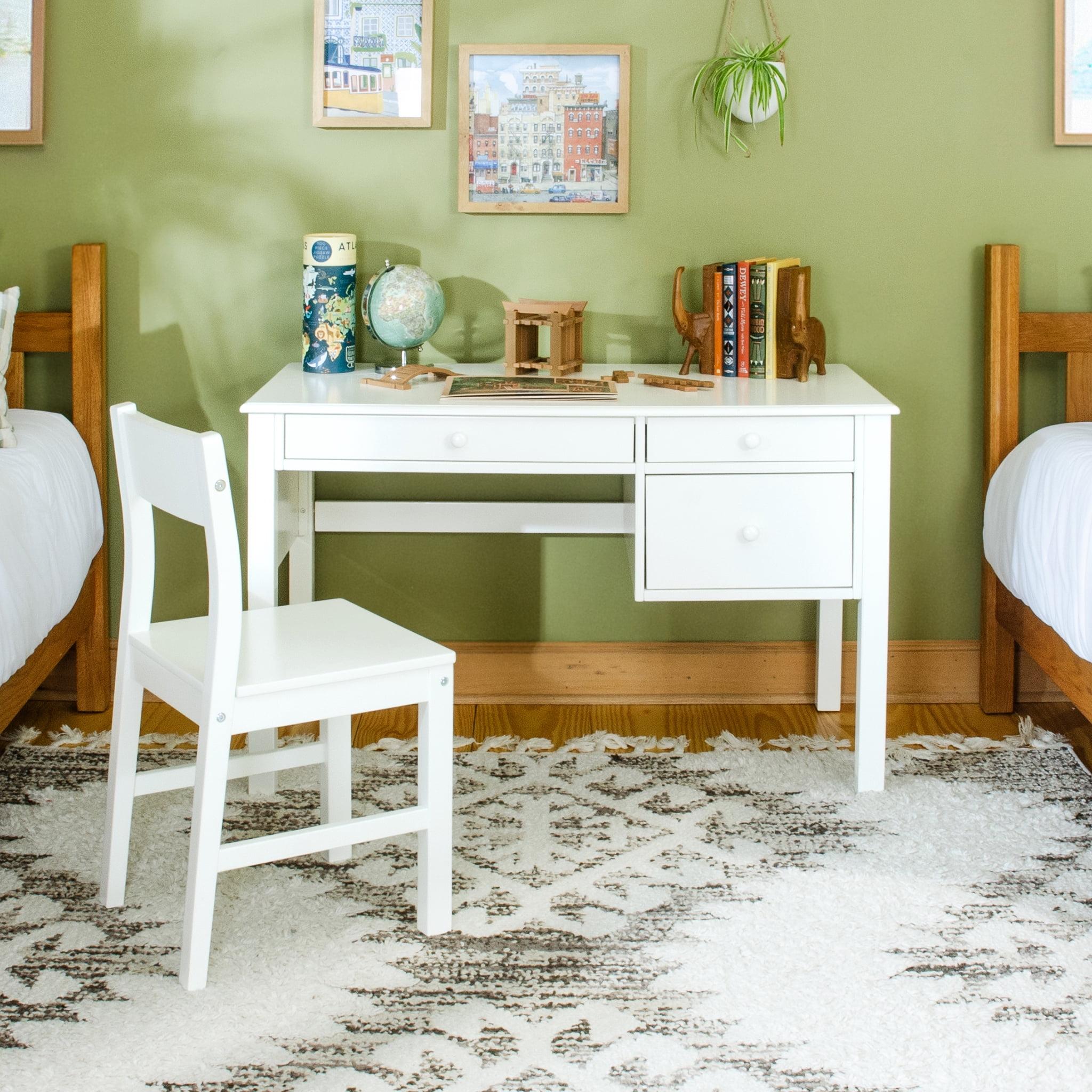 White Wooden Kids' Writing Desk with Chair and Storage Drawers