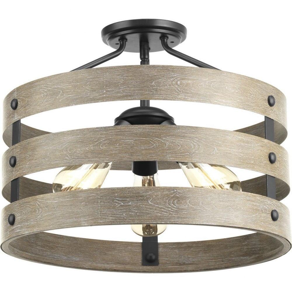 Progress Lighting Gulliver 3-Light Semi-Flush Convertible Ceiling Light, Graphite, Wood Grained Texture