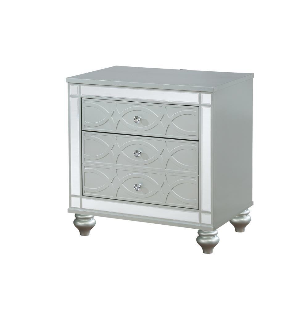 Silver Metallic 2-Drawer Nightstand with Crystal Knobs