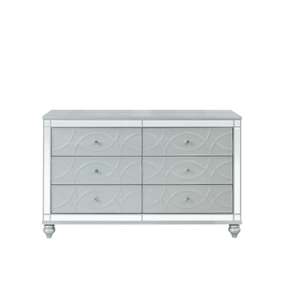 Glam Silver Metallic 6-Drawer Dresser with Crystal Knobs