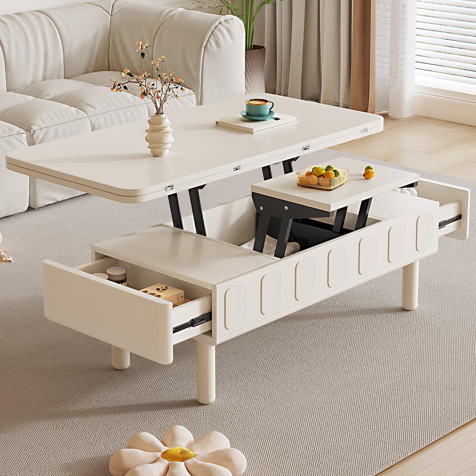 Guyii Extendable Coffee Table, 3-in-1 Lift Top Coffee Table with 2 Storage Drawers and Hidden Compartment for Living Room, Home, White