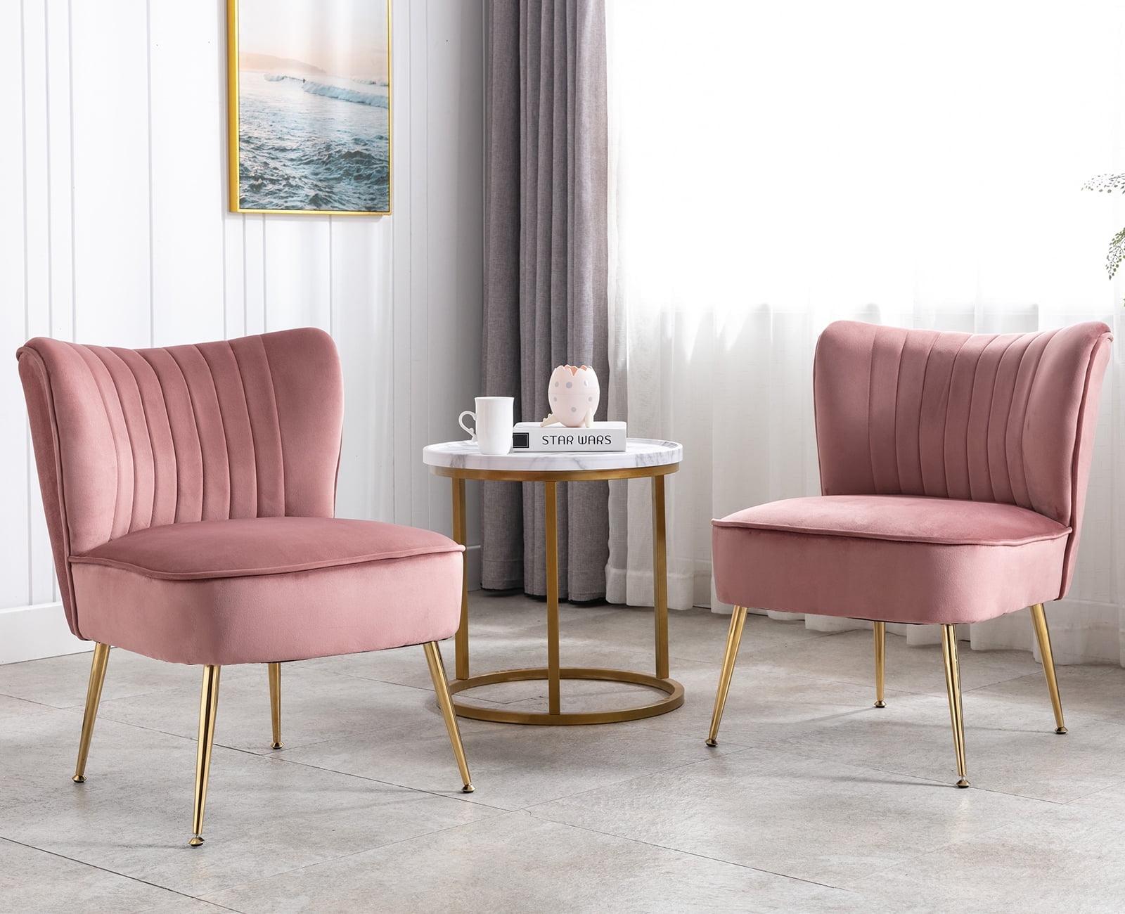 Pink Velvet Armless Slipper Chairs with Gold Legs, Set of 2