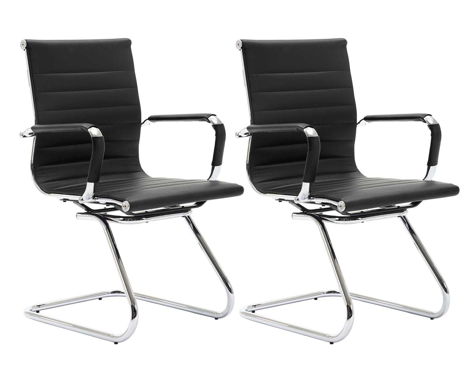 Guyou Modern Mid Back Office Guest Chair Set of 2, Faux Leather Reception Chair Computer Chair with Armrests and Metal Sled Base for Meeting/Waiting/Conference Room, No Wheels, Black