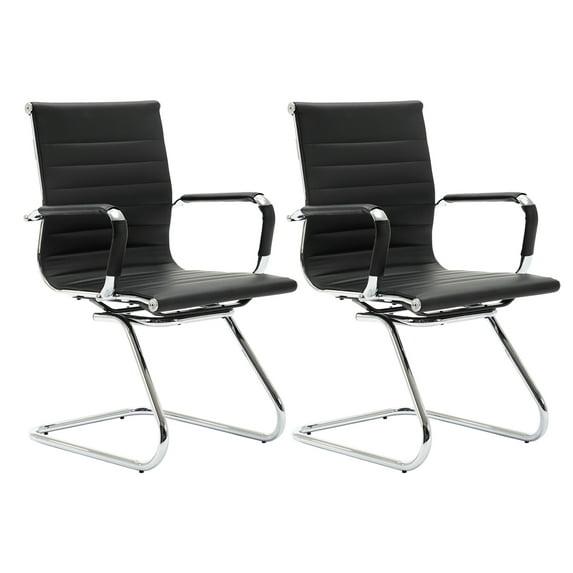 Guyou Juego de 2 Sillas Modernas para Invitados de Oficina con Respaldo Medio, Silla de Recepción de Cuero Sintético, Silla para Computadora con Reposabrazos y Base de Trineo de Metal para Reuniones/salón de Espera/conferencias, sin Ruedas, Negro