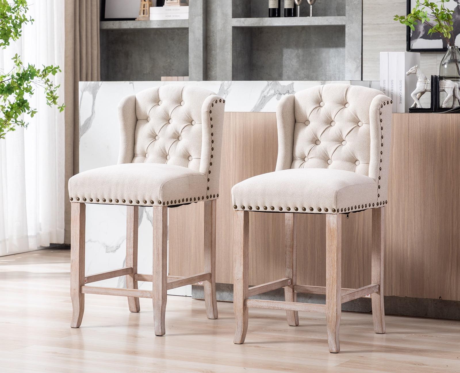 Beige Linen Tufted 26" Counter Height Bar Stools with Nailhead Trim, Set of 2