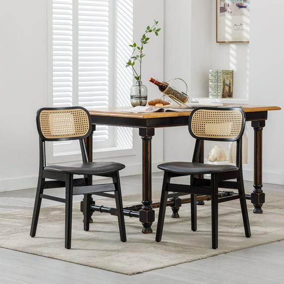 Upholstered Faux Leather Seat Rattan Back Dining Chair, Solid Wood Frame Side Chair For Living Room