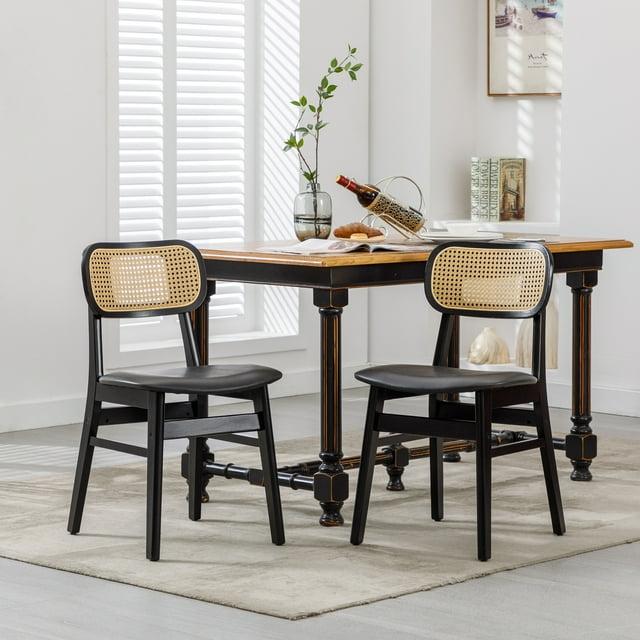 Upholstered Faux Leather Seat Rattan Back Dining Chair, Solid Wood Frame Side Chair For Living Room