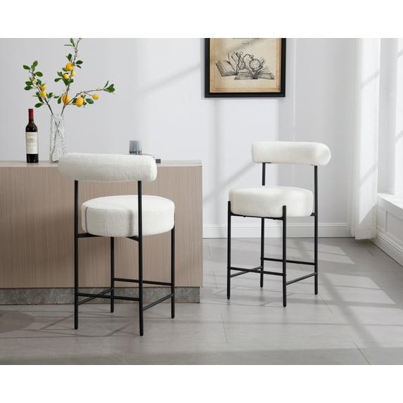 Modern Counter Height Bar Stools Set of 2, 26 Inch Faux Sherpa Upholstered Bar Stools with Back, 18" Seat Wide Island Stools with Black Metal Frame for Kitchen Counter/Breakfast Bar/Restaurant, White