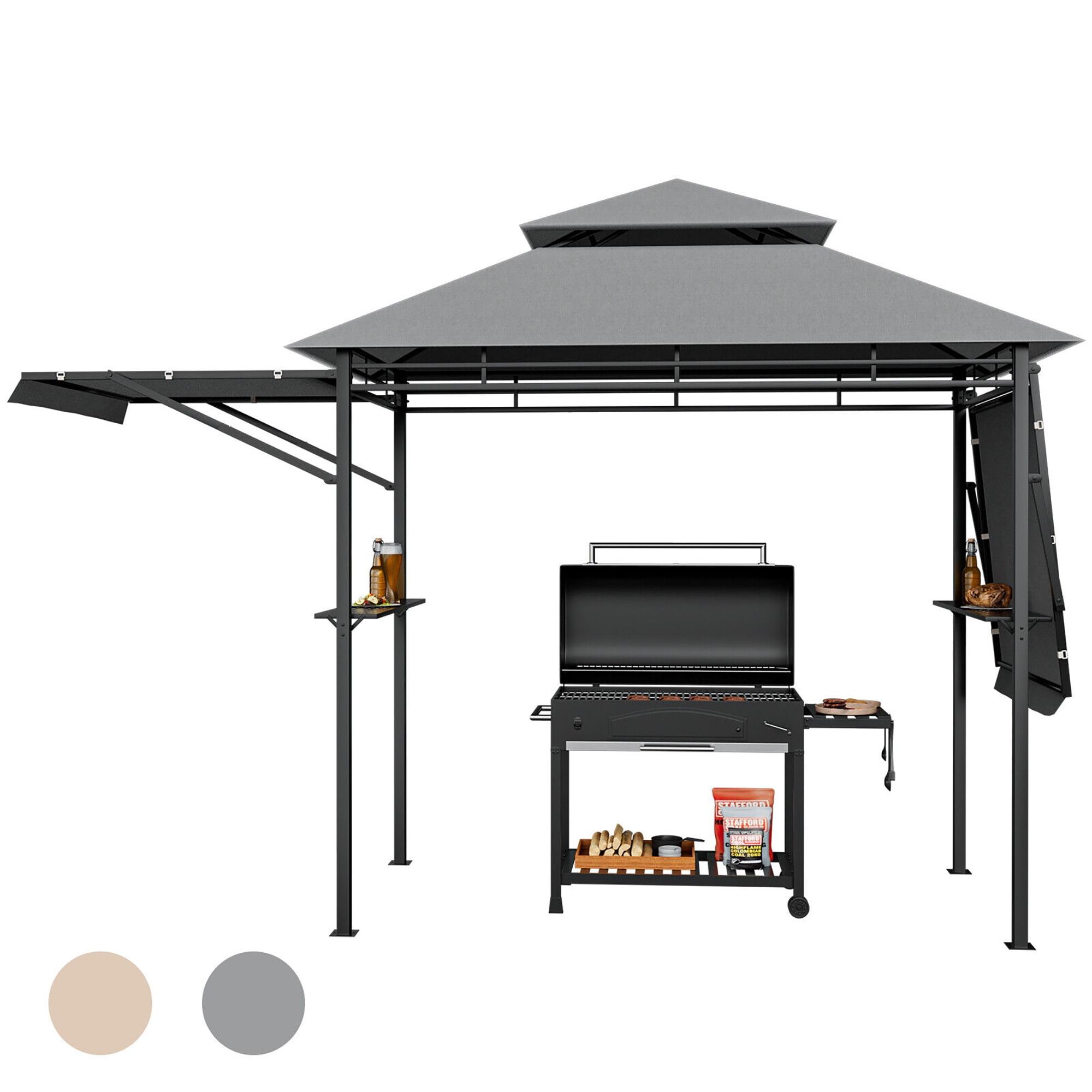 Resenkos 13.5 x 4 Feet Patio BBQ Grill Gazebo Canopy with Dual Side Awnings-Gray, Hardtop Roof for Garden,Backyard Shade