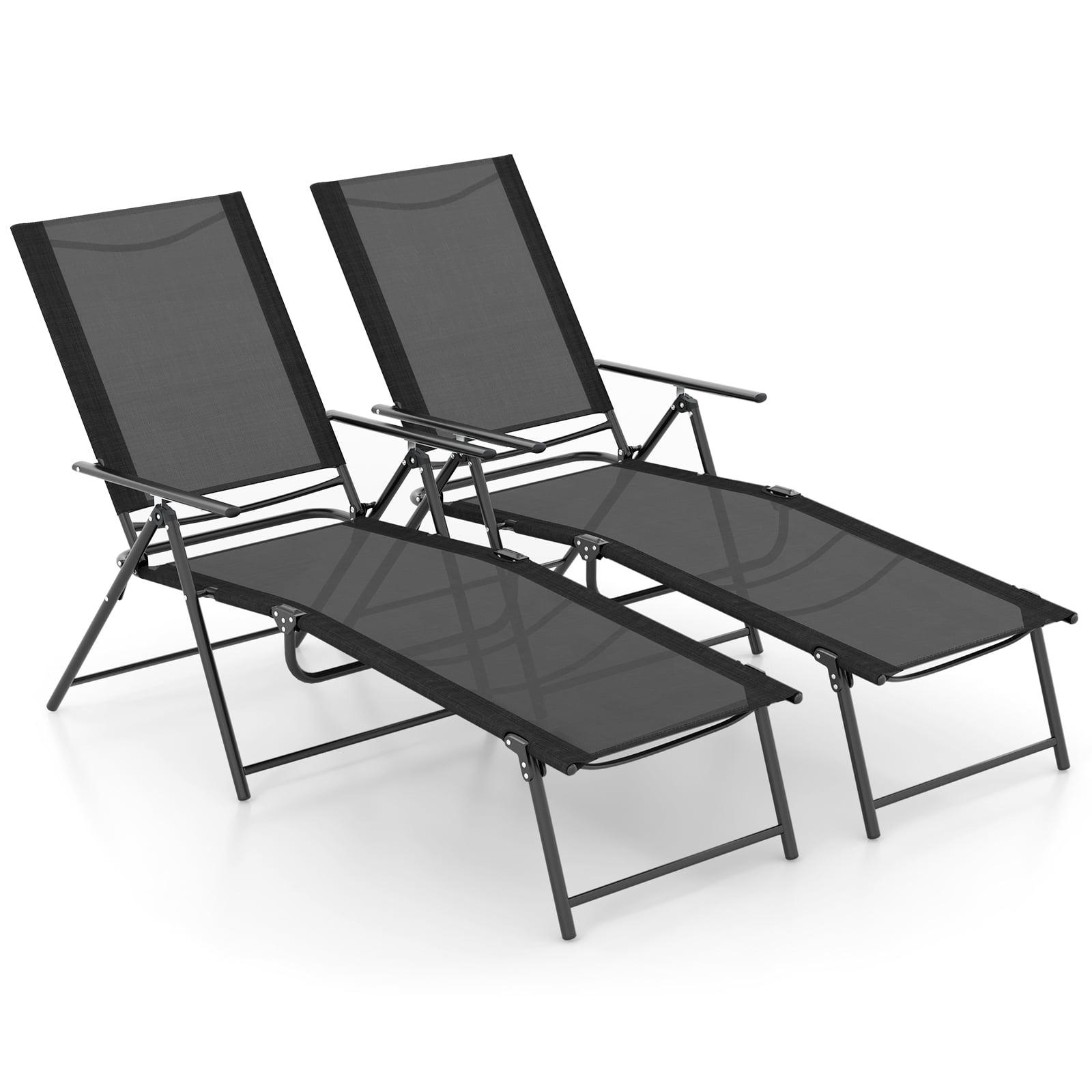 Black Metal Folding Chaise Lounge Chairs with Adjustable Backrest