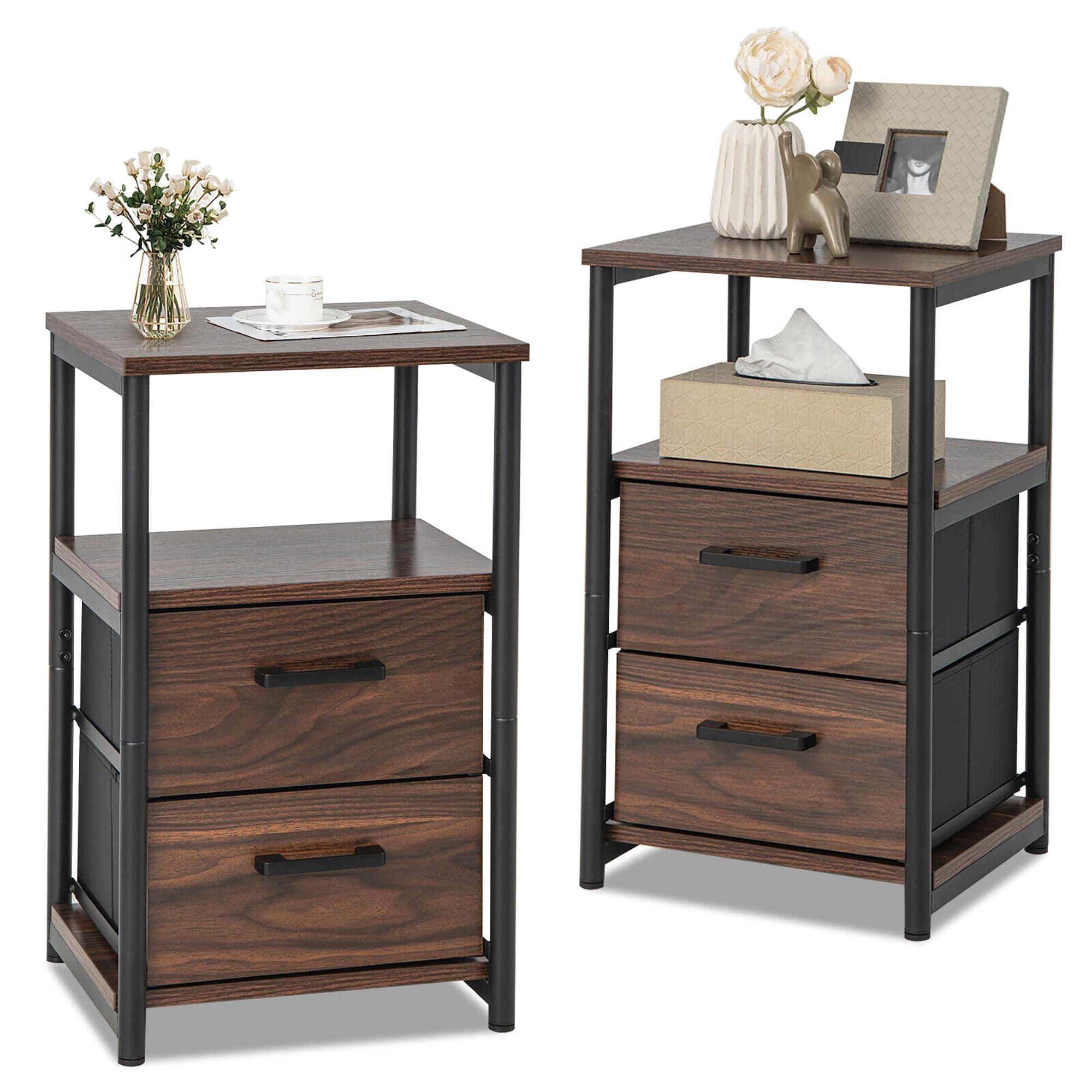 Walnut and Black 2-Drawer Nightstand with Open Shelf