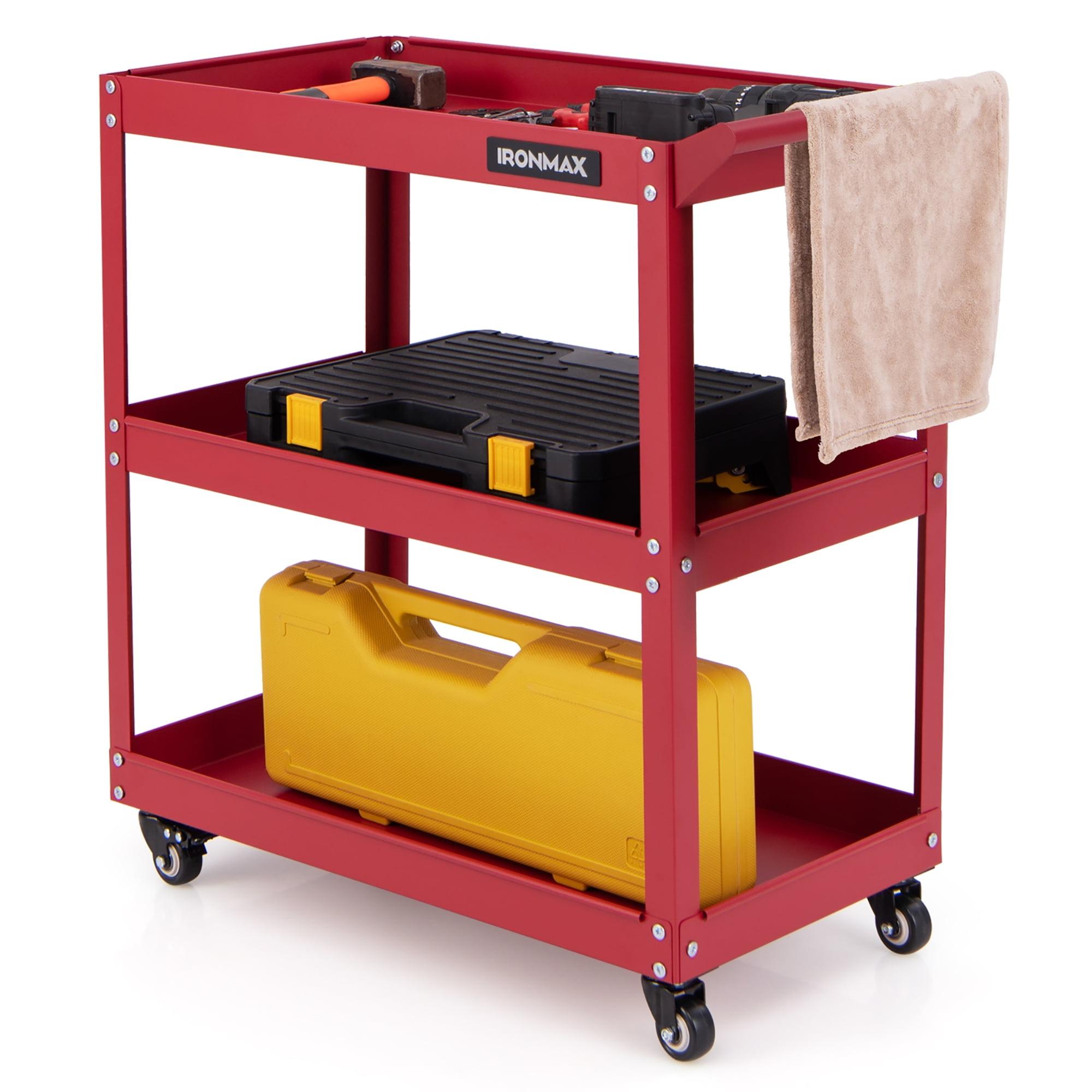 Tangkula 3-Tier Rolling Tool Cart w/ 3 Spacious Shelves 4 Universal Wheels w/ 2 Brakes Red
