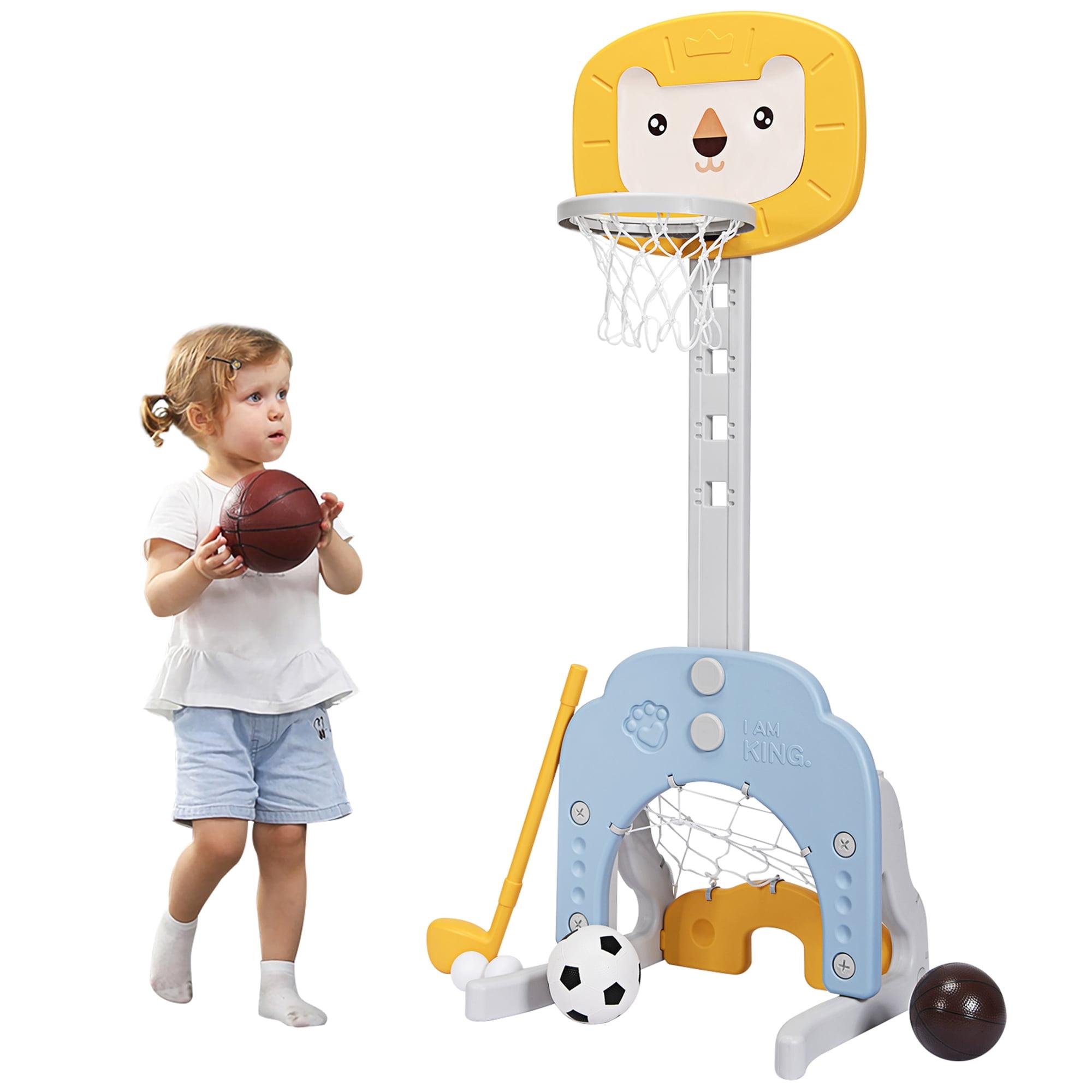 Adjustable Yellow and Blue 3-in-1 Kids Basketball Hoop Set