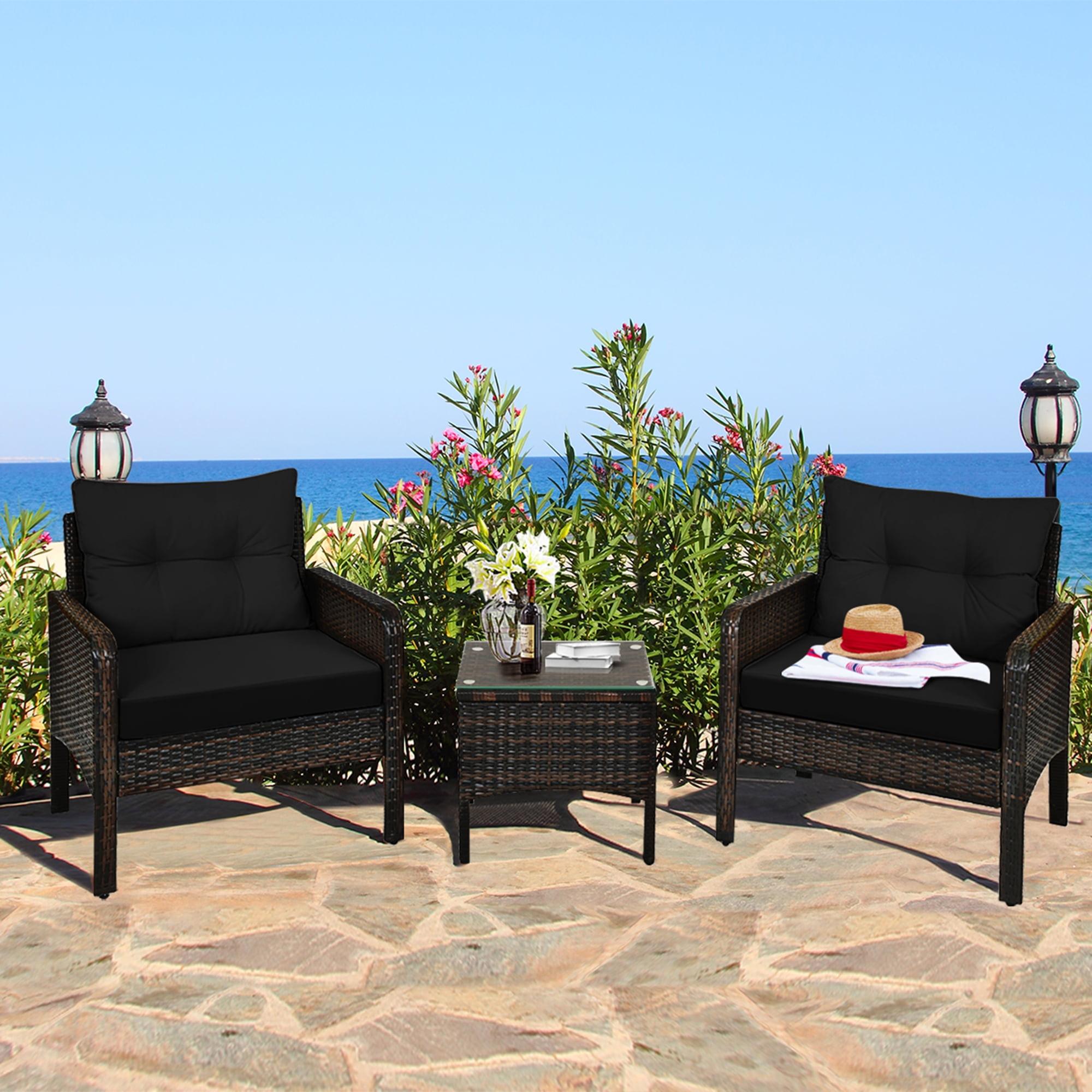 Black 3-Piece Rattan Outdoor Patio Conversation Set