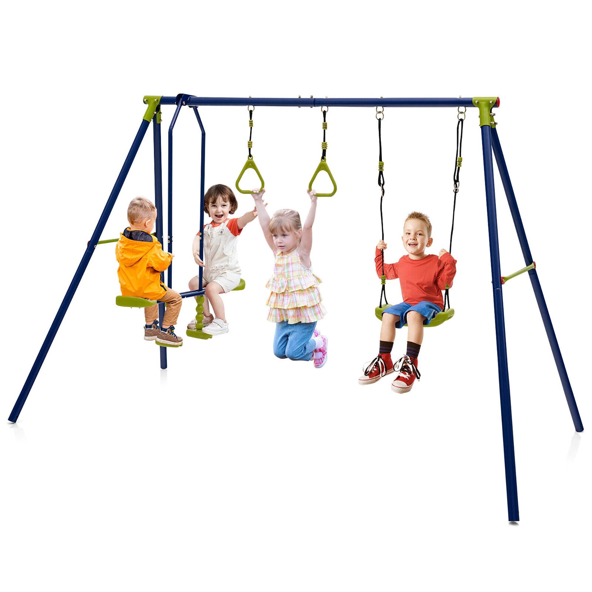 Blue and Green 3-in-1 Kids Swing Set with Gym Rings and Glider