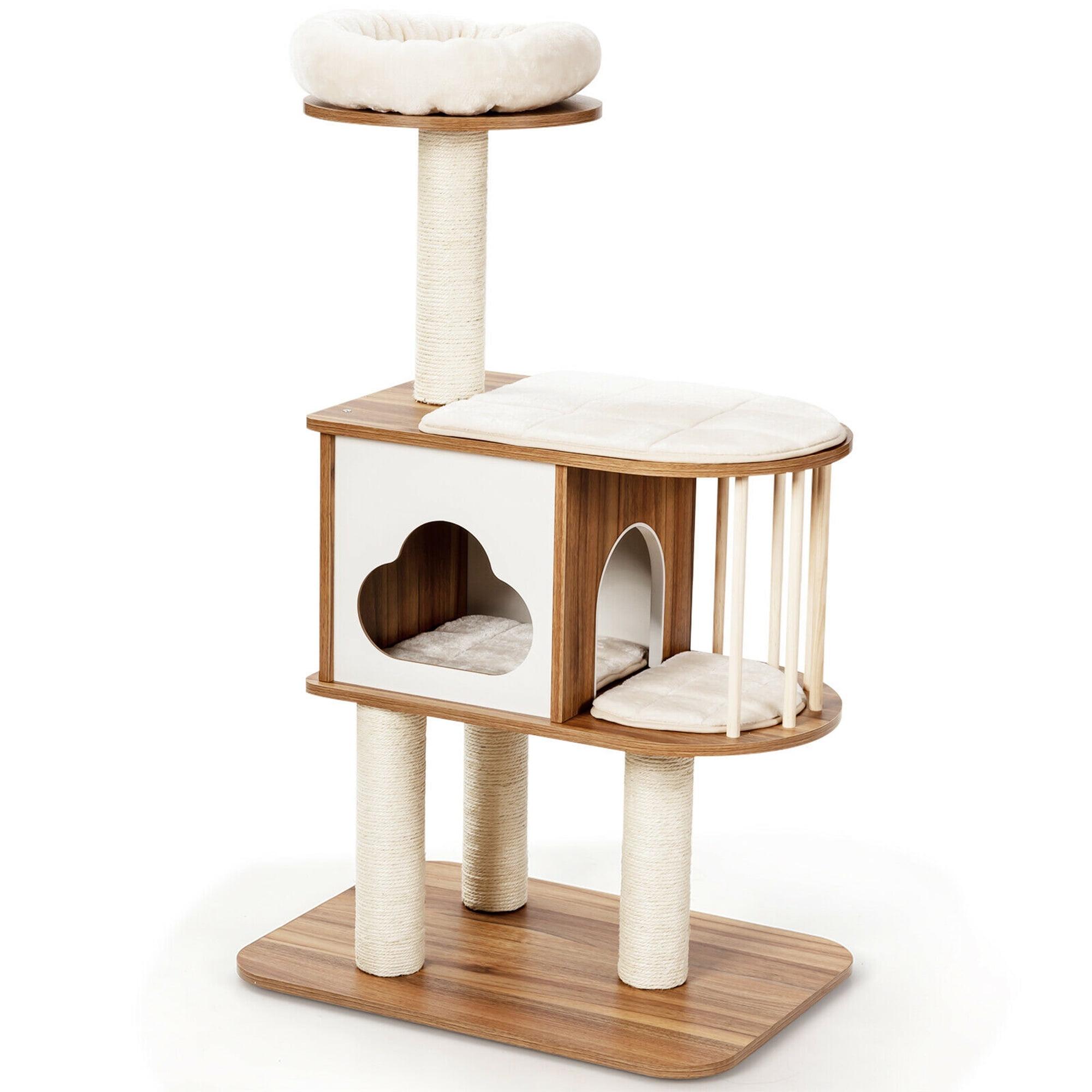 Gymax 46'' Kittens & Cats Modern Wooden Cat Tree with Platform & Washable Cushions