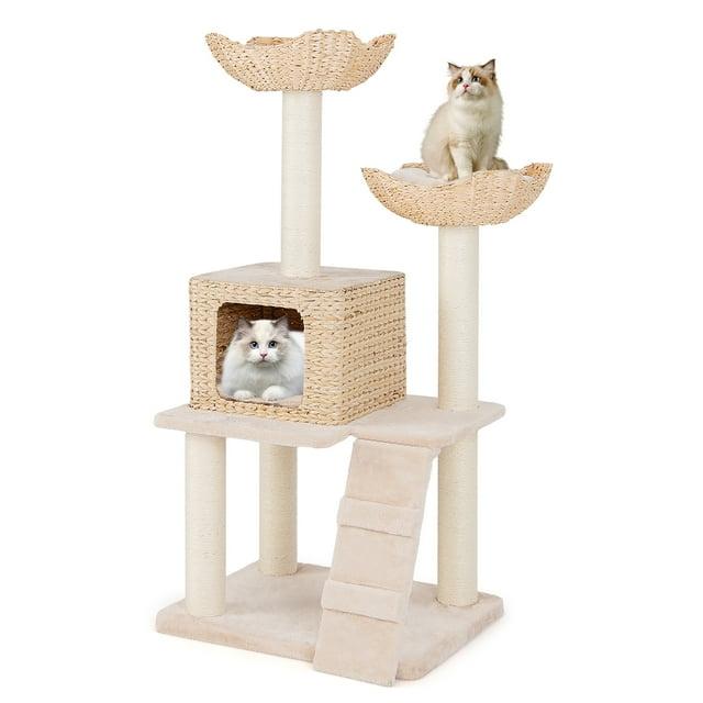 Tangkula 48" Cattail Cat Tower w/ Sisal Scratching Posts Perch Condo Basket Bed Ladder