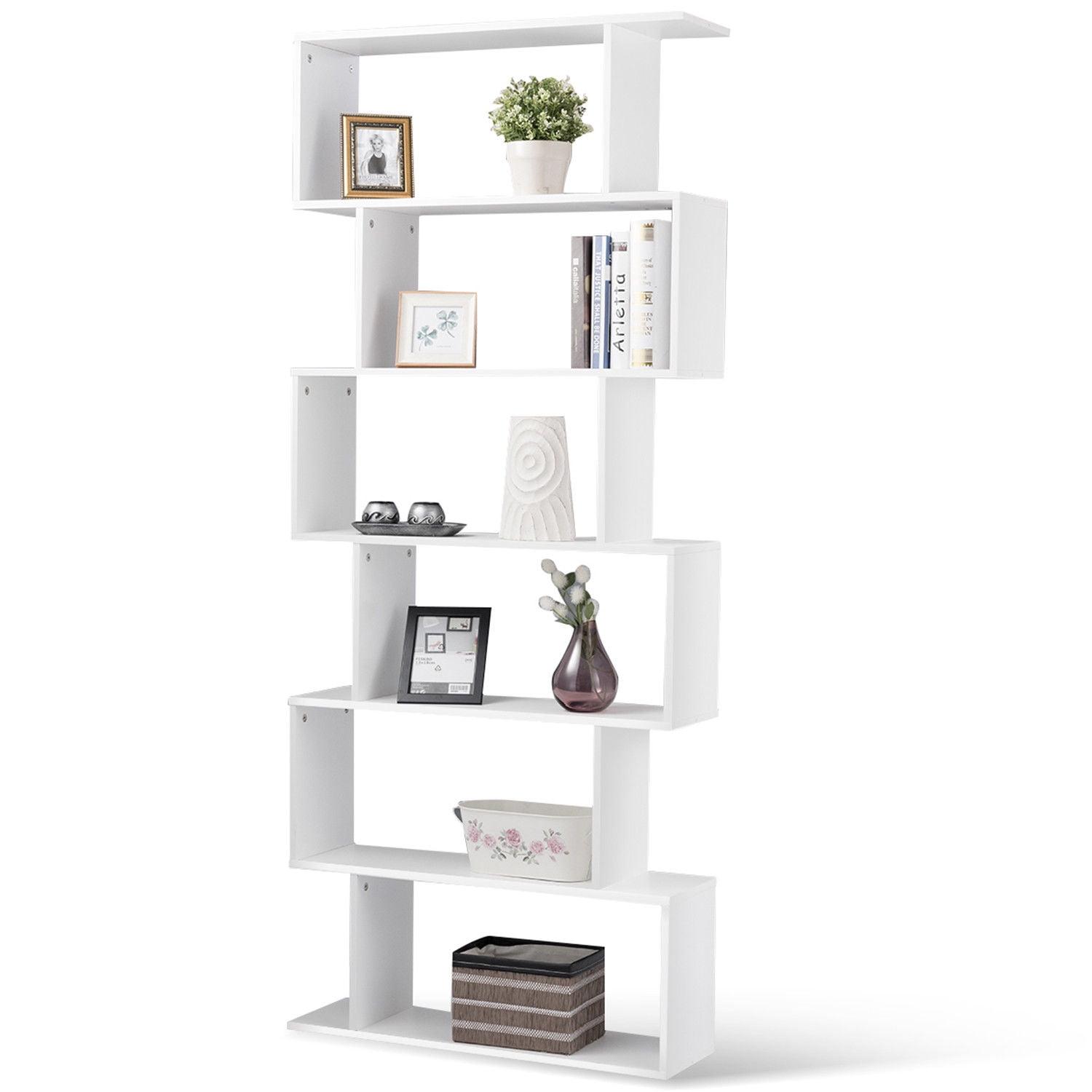 White Geometric S-Shaped 6-Tier Wooden Bookcase