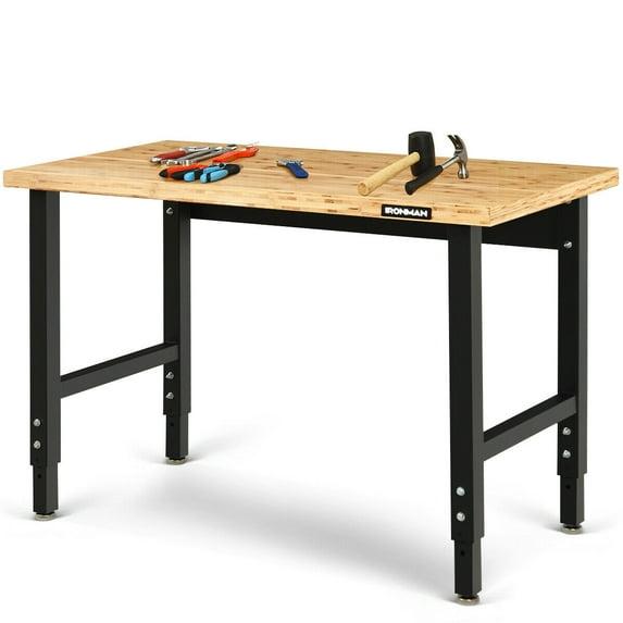 Gymax Adjustable Height Workbench Bamboo Top Steel Frame Heavy-duty Garage