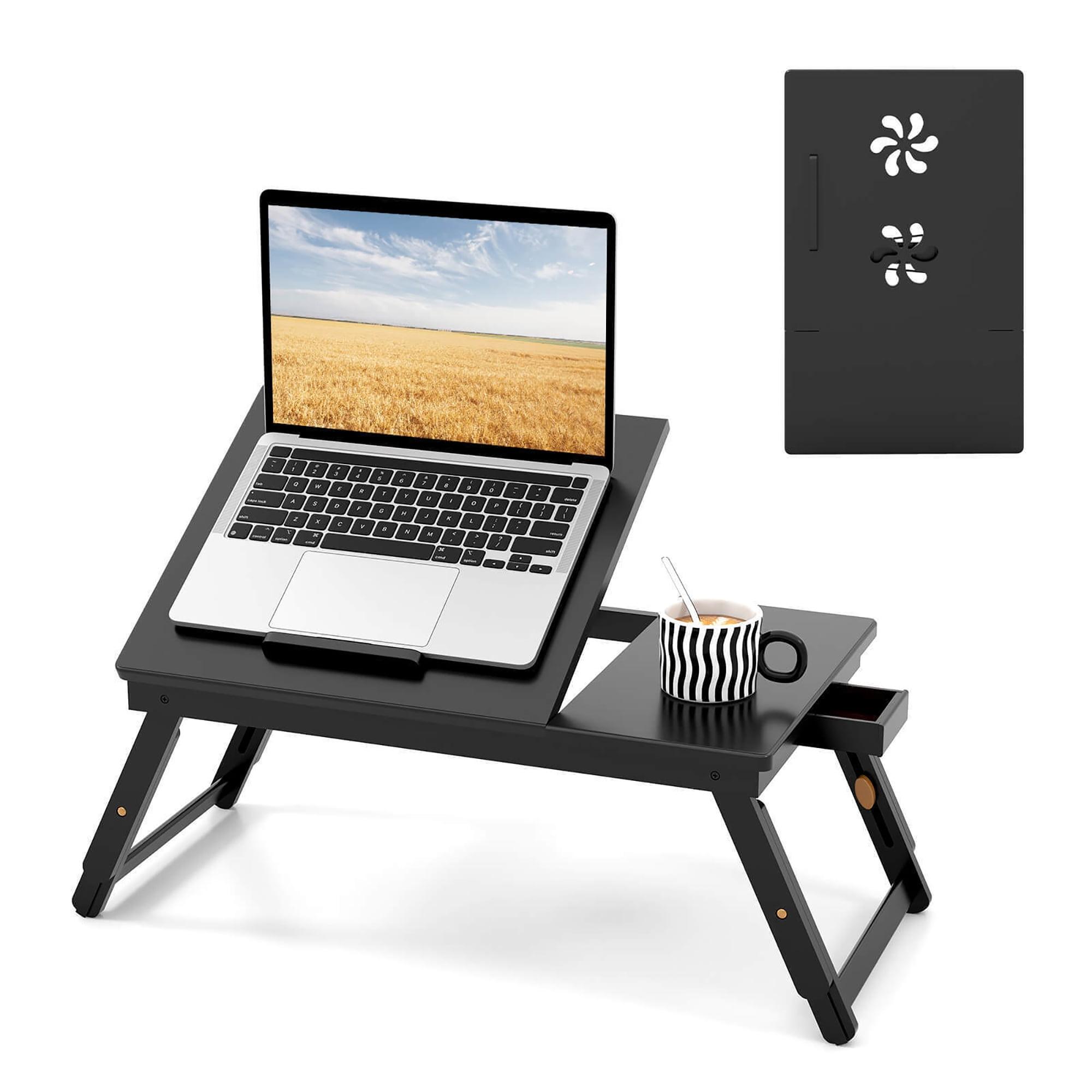 Costway Bamboo Laptop Desk Adjustable Folding Bed Tray w/Drawer Heat Dissipation Black\Natural